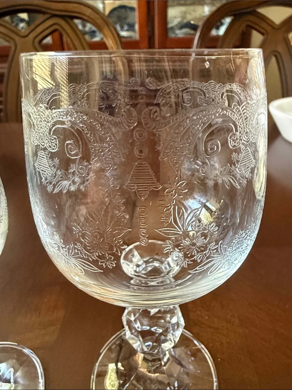 2 pc Czech Bohemian clear etched Crystal Cascade Design cordials footed glasses